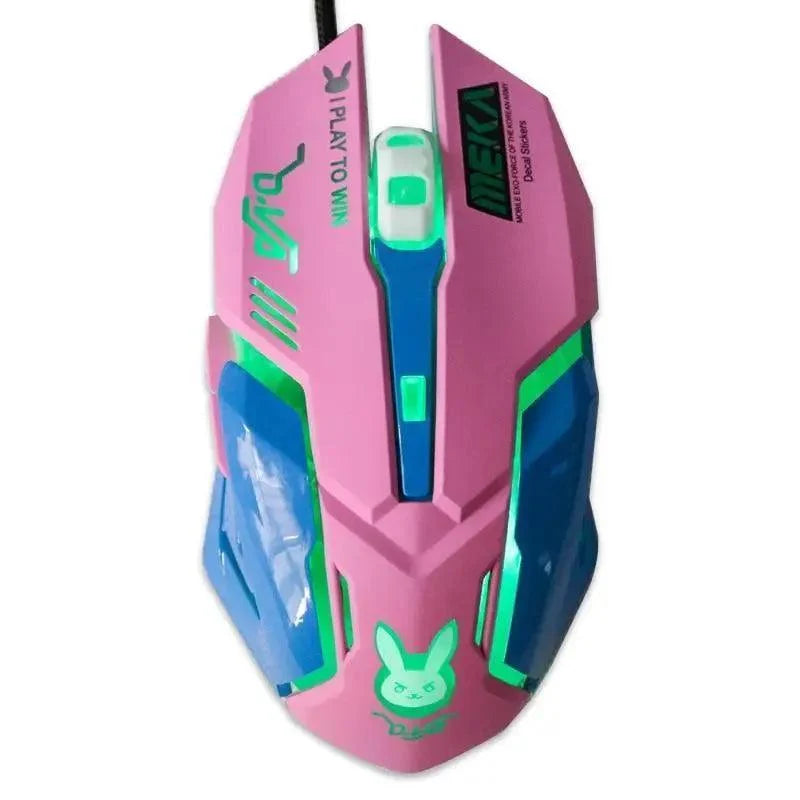 Pink and blue gaming mouse with green accents on a white background