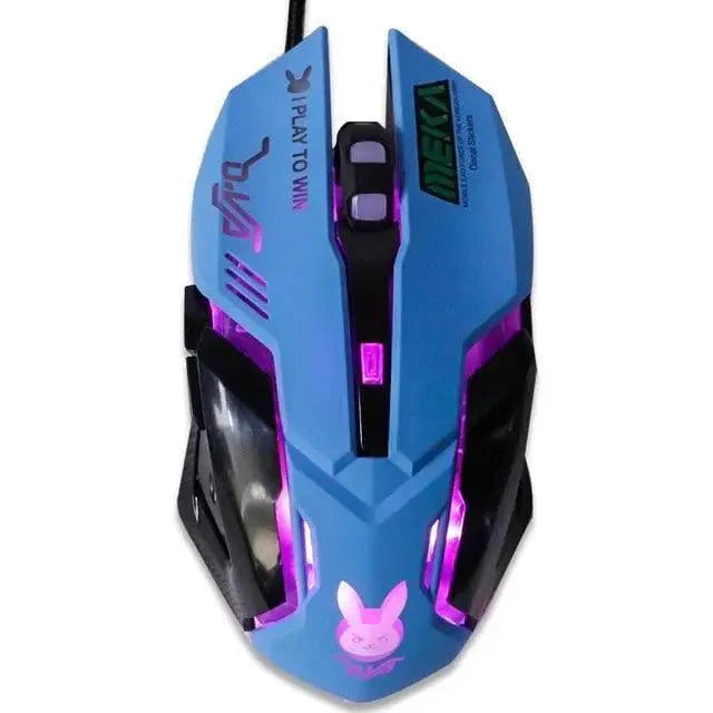 Blue gaming mouse with pink accents on a white background