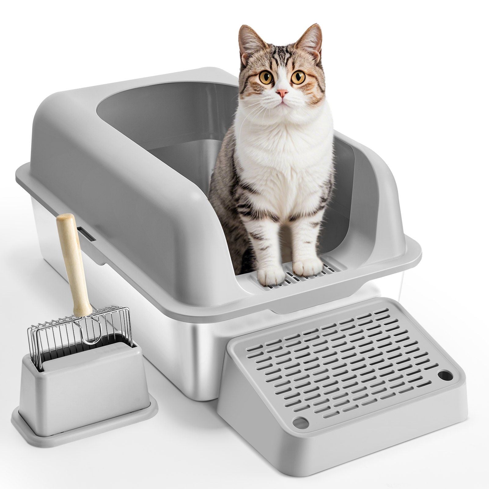VEVOR XL Stainless Steel Cat Litter Box with High Walls & Metal Scoop