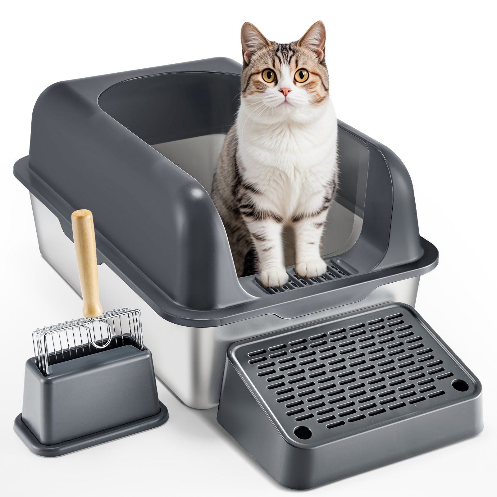 VEVOR XL Stainless Steel Cat Litter Box with High Walls & Metal Scoop