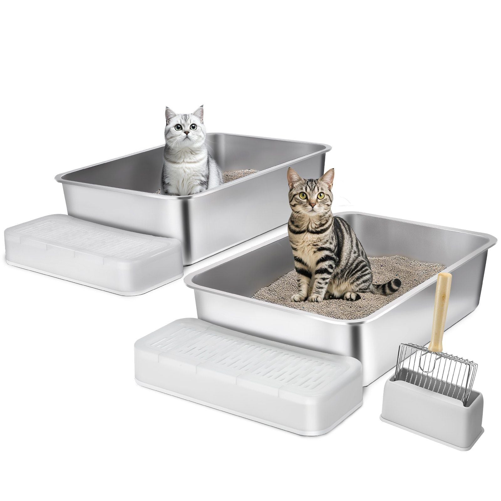 VEVOR XL Stainless Steel Cat Litter Box with High Walls & Metal Scoop