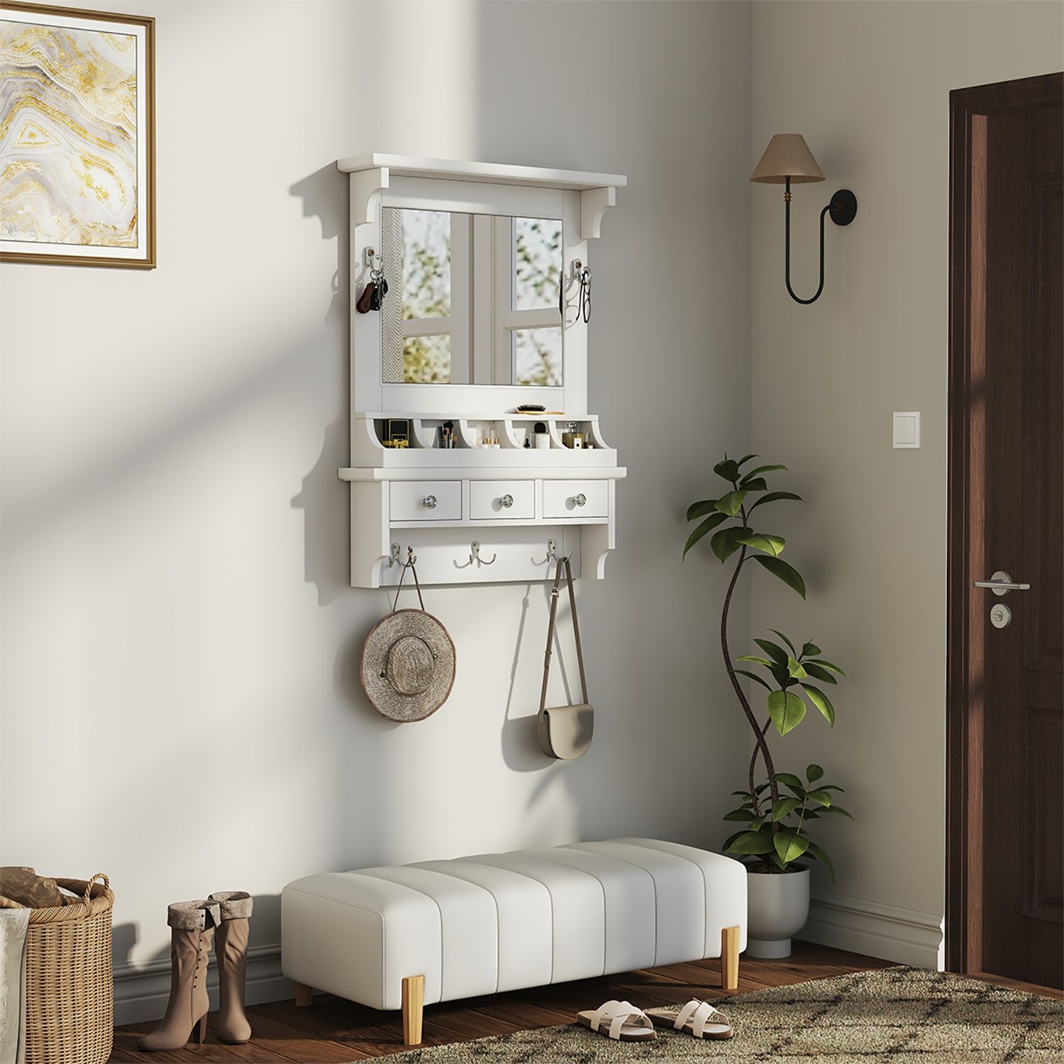 Floating Makeup Vanity with Mirror | Wall-Mounted Storage Organizer – White