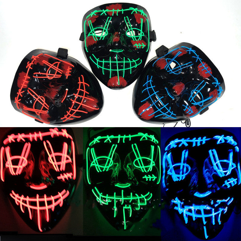 Set of LED masks in red, green, and blue with close-up views on a white background.