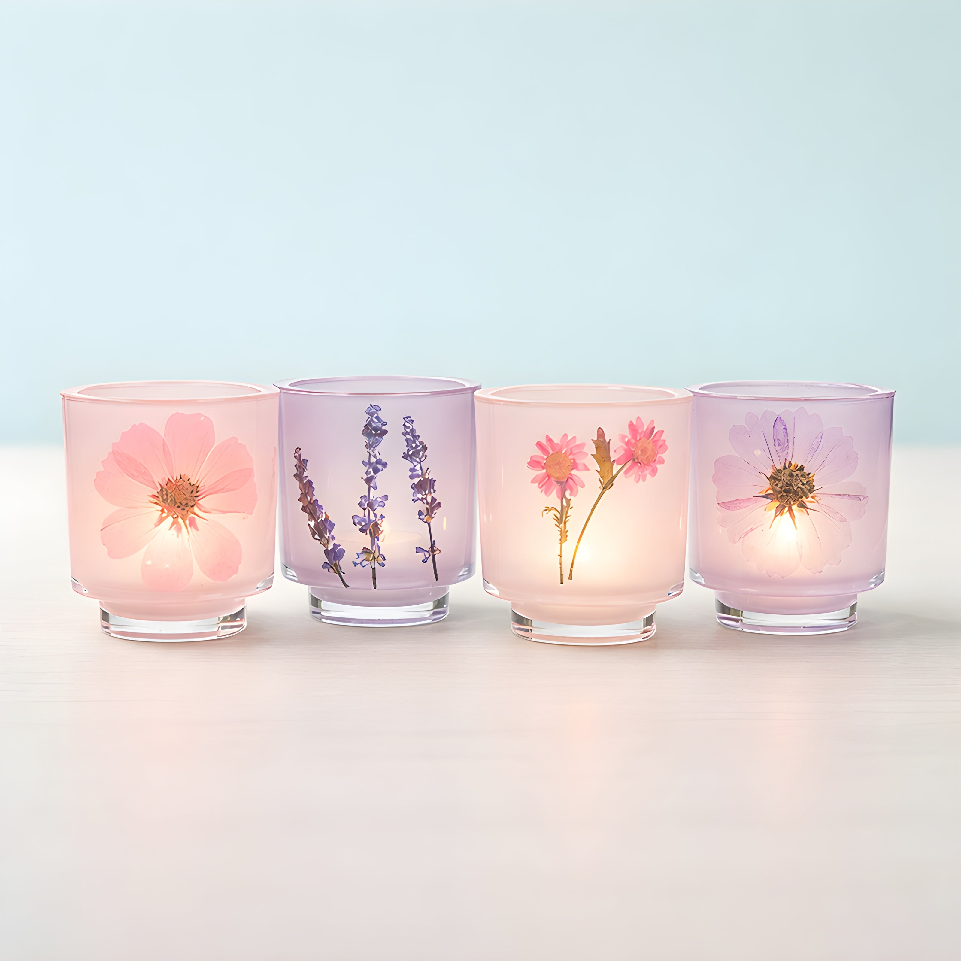 Four floral-themed candles on a light background