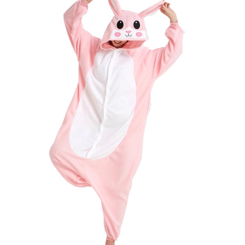 Pink bunny onesie worn by a person on a white background