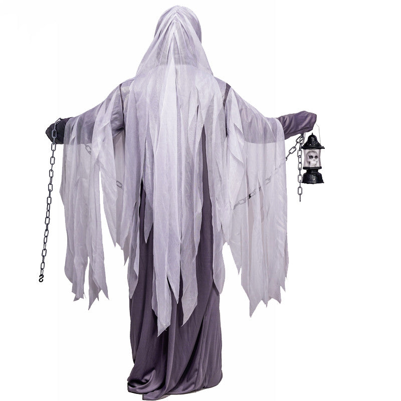 A ghostly Halloween costume shown from the back, featuring a long tattered white veil, a dark gray robe, and a black lantern with chains, isolated on a white background.