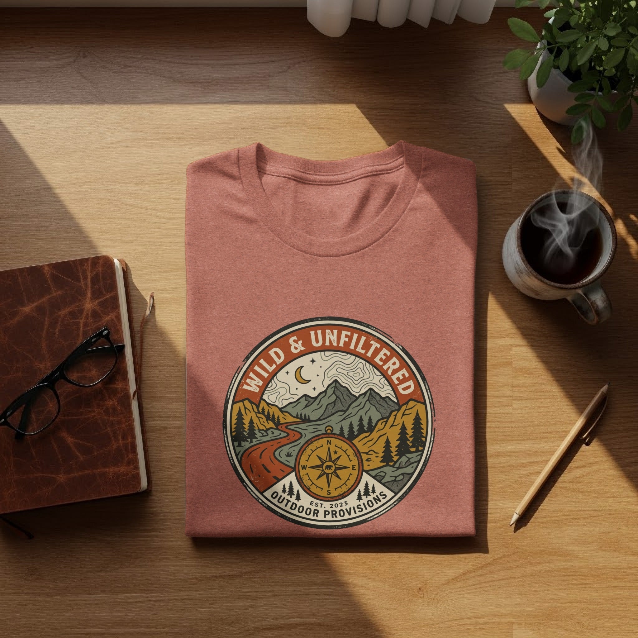 Embrace the Wild – Vintage Mountain & Compass Graphic T-Shirt