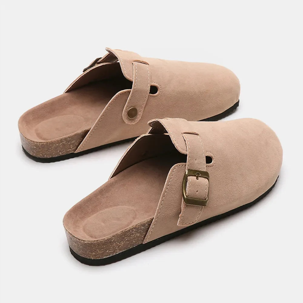 Suede Closed-Toe Buckle Slide – Faux Suede Flat Sandal