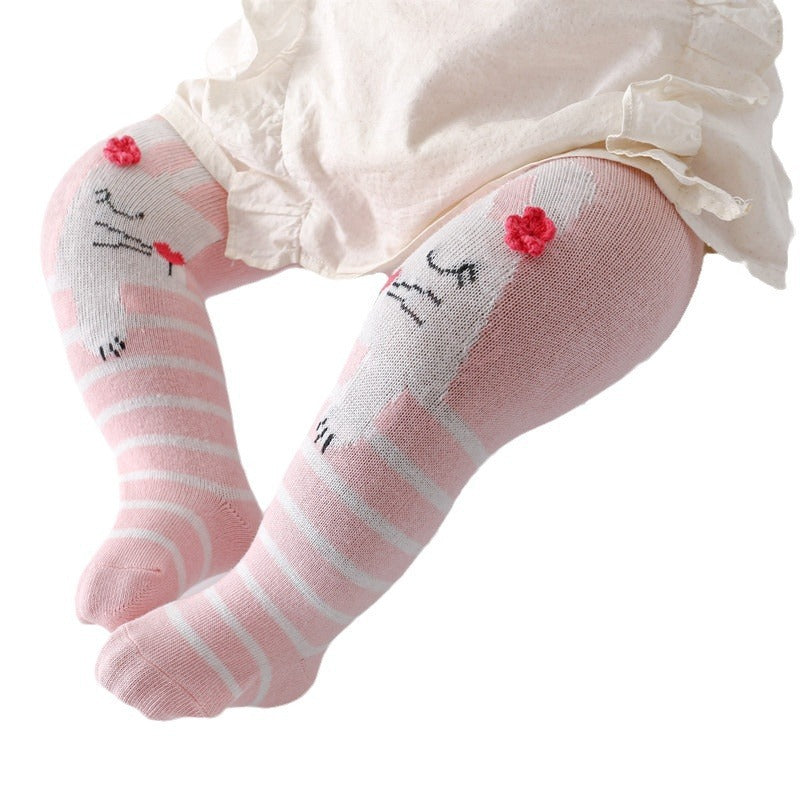 Pink and white striped socks with cat designs on a white background