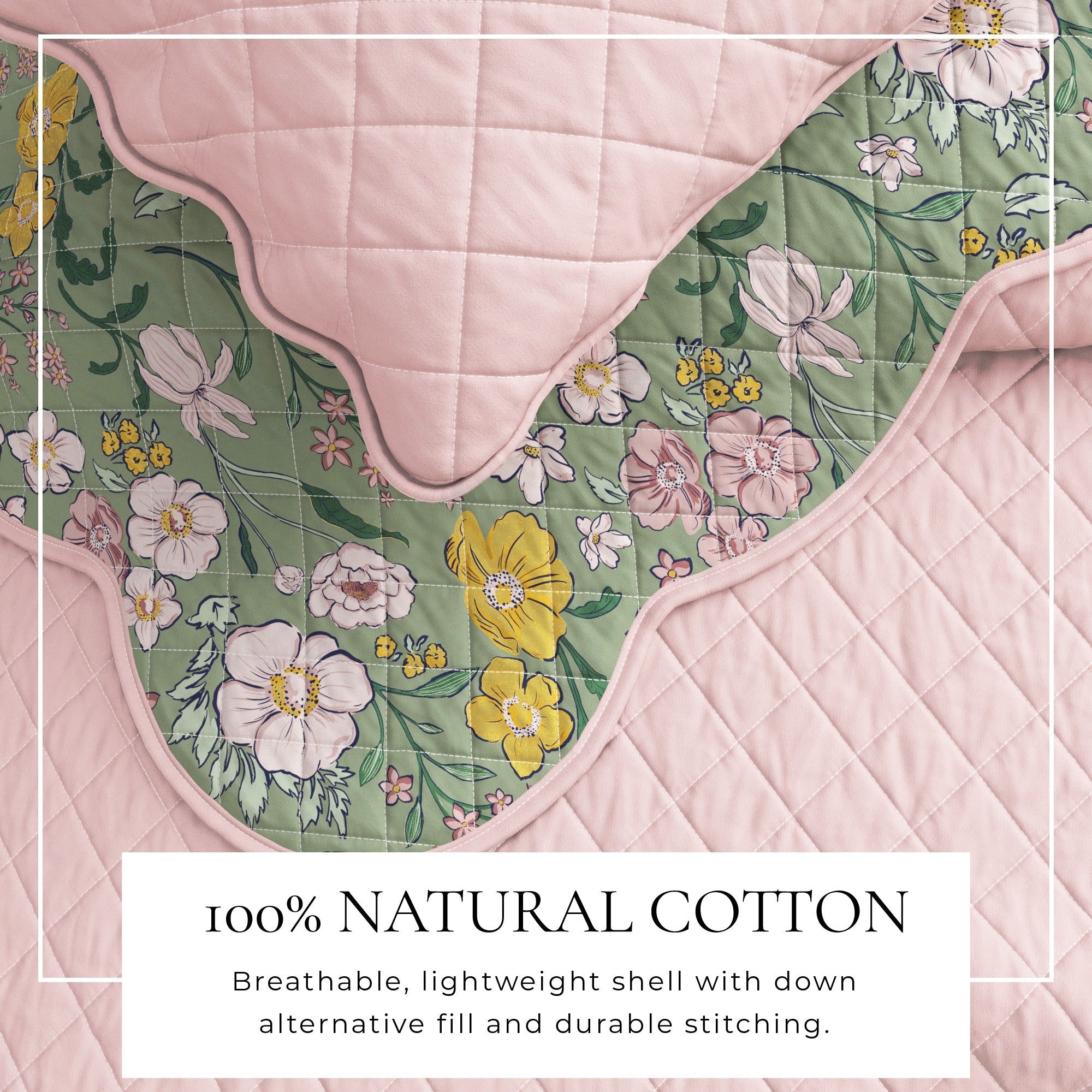 Floral Scalloped Edge Quilt Set — Reversible Cotton, Down Alternative | Vintage-Inspired