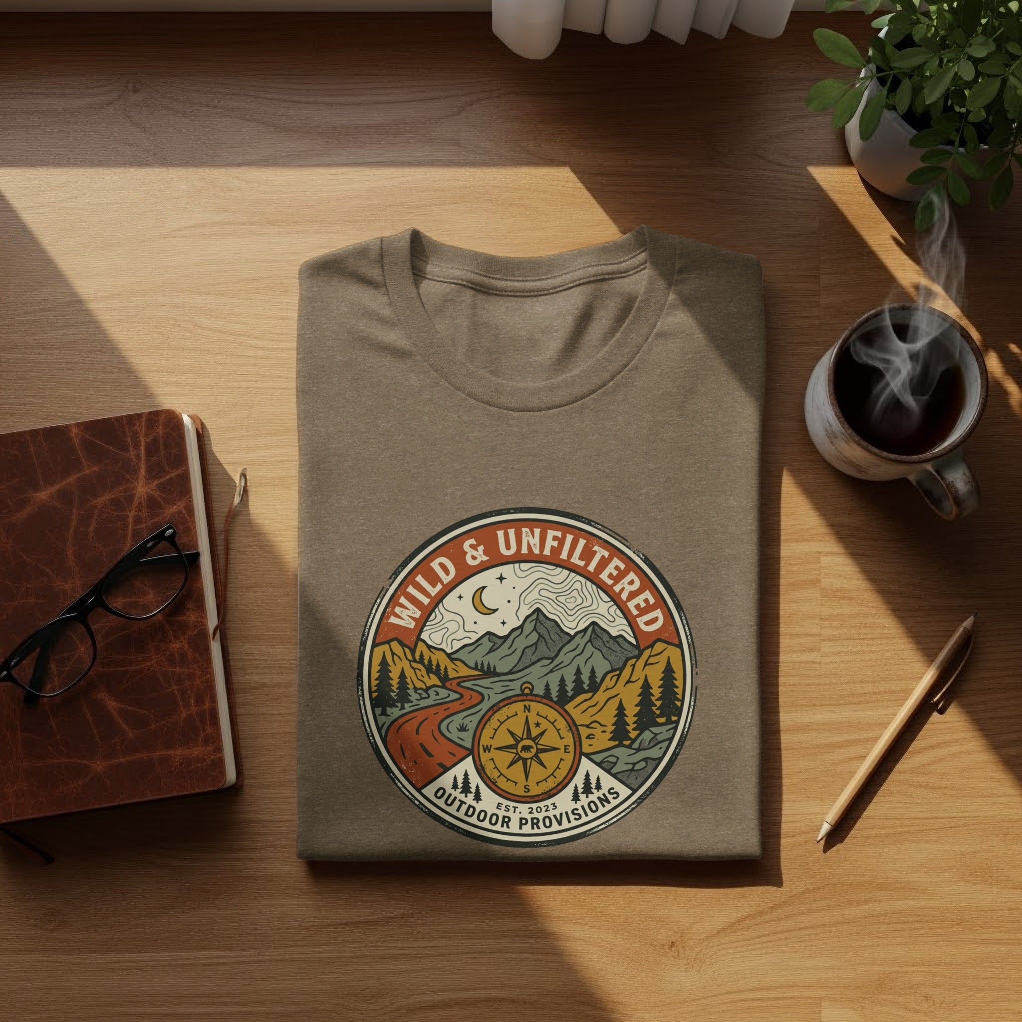 Embrace the Wild – Vintage Mountain & Compass Graphic T-Shirt
