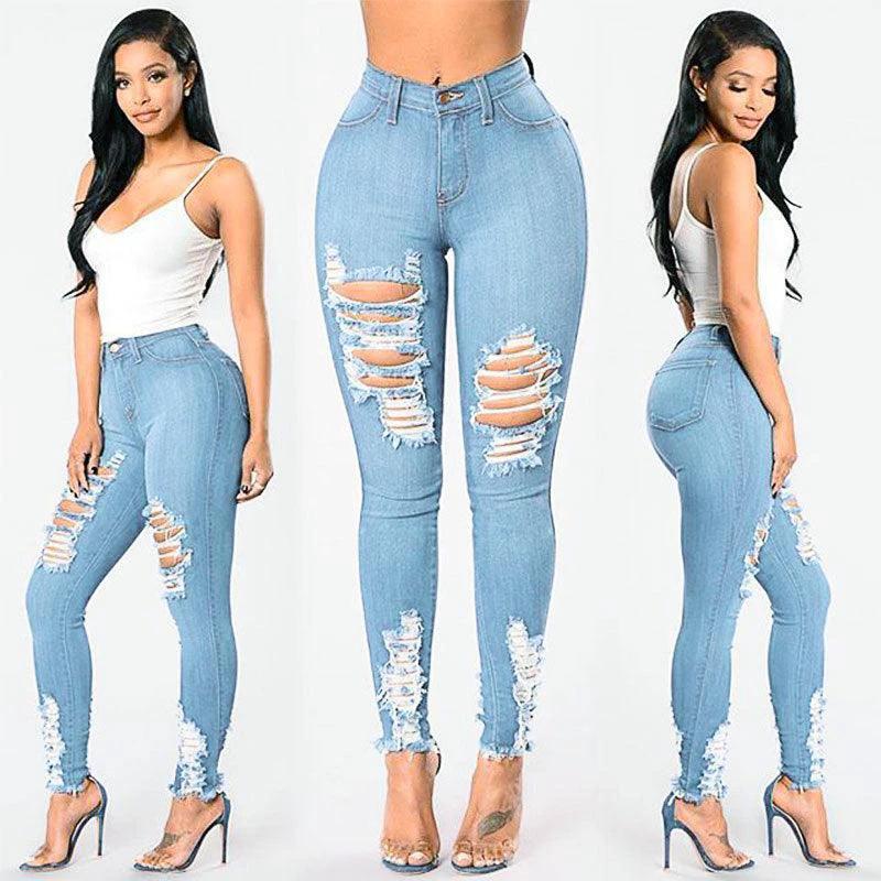 Ripped Stretch Denim Pencil Pants – Women's Slim Fit Jeans