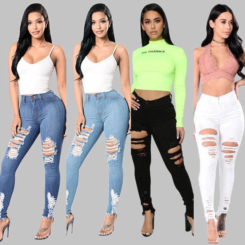 Ripped Stretch Denim Pencil Pants – Women's Slim Fit Jeans