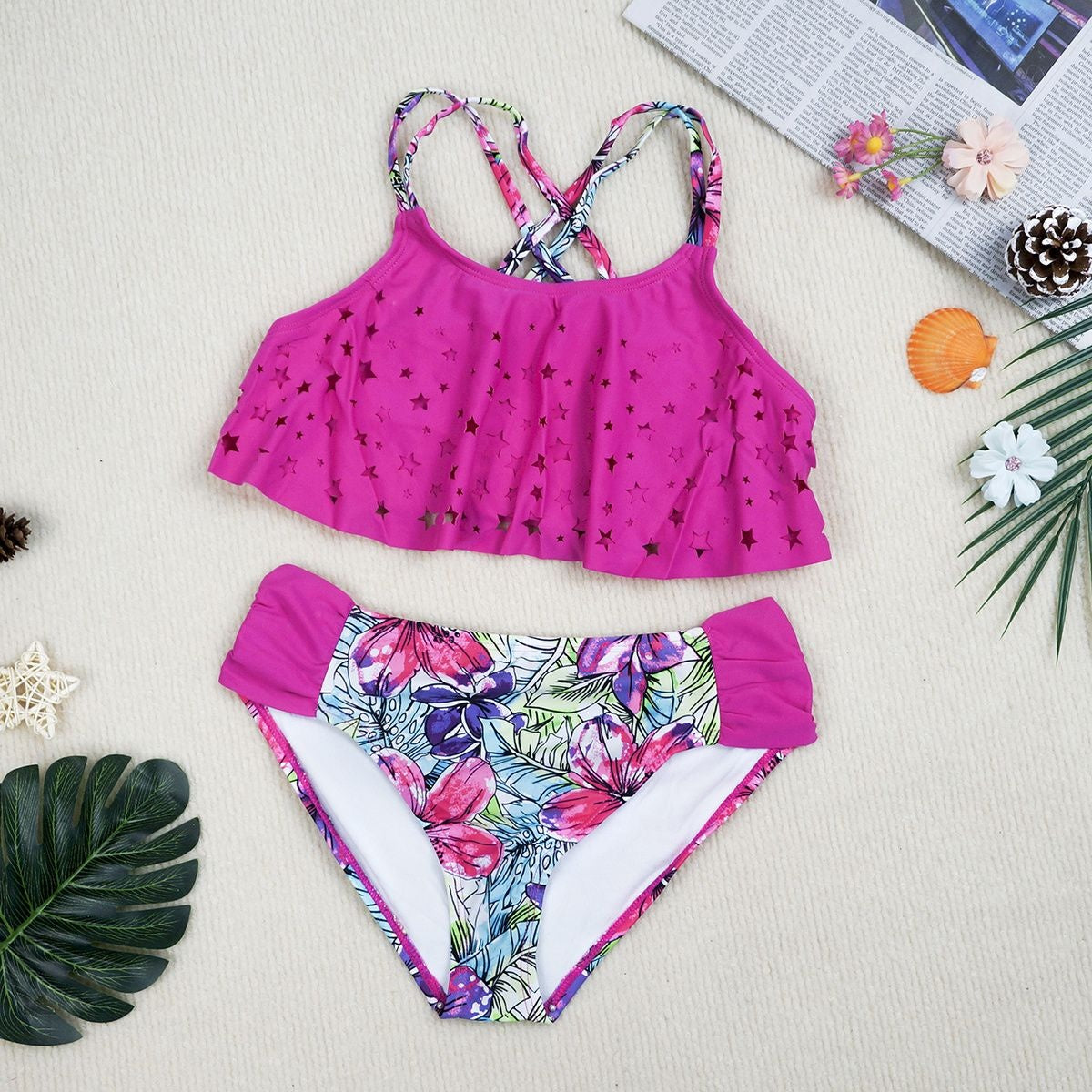 Girls Two-Piece Ruffled Swimsuit | Sleeveless Top & Ultra-Short Bottoms | S–XL