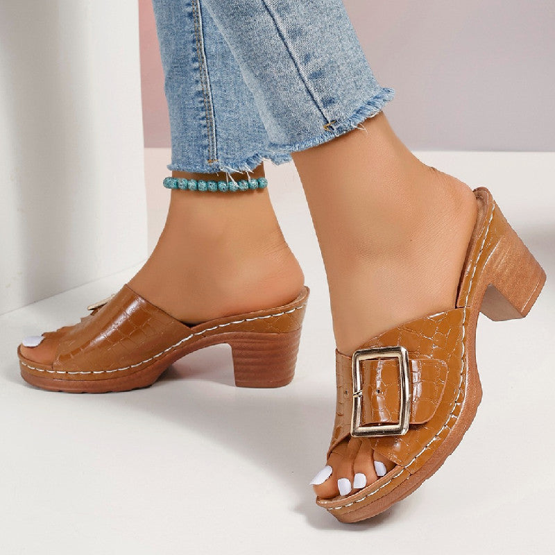 Women's Crocodile-Texture Peep-Toe Chunky Heel Sandals – Buckle Closure