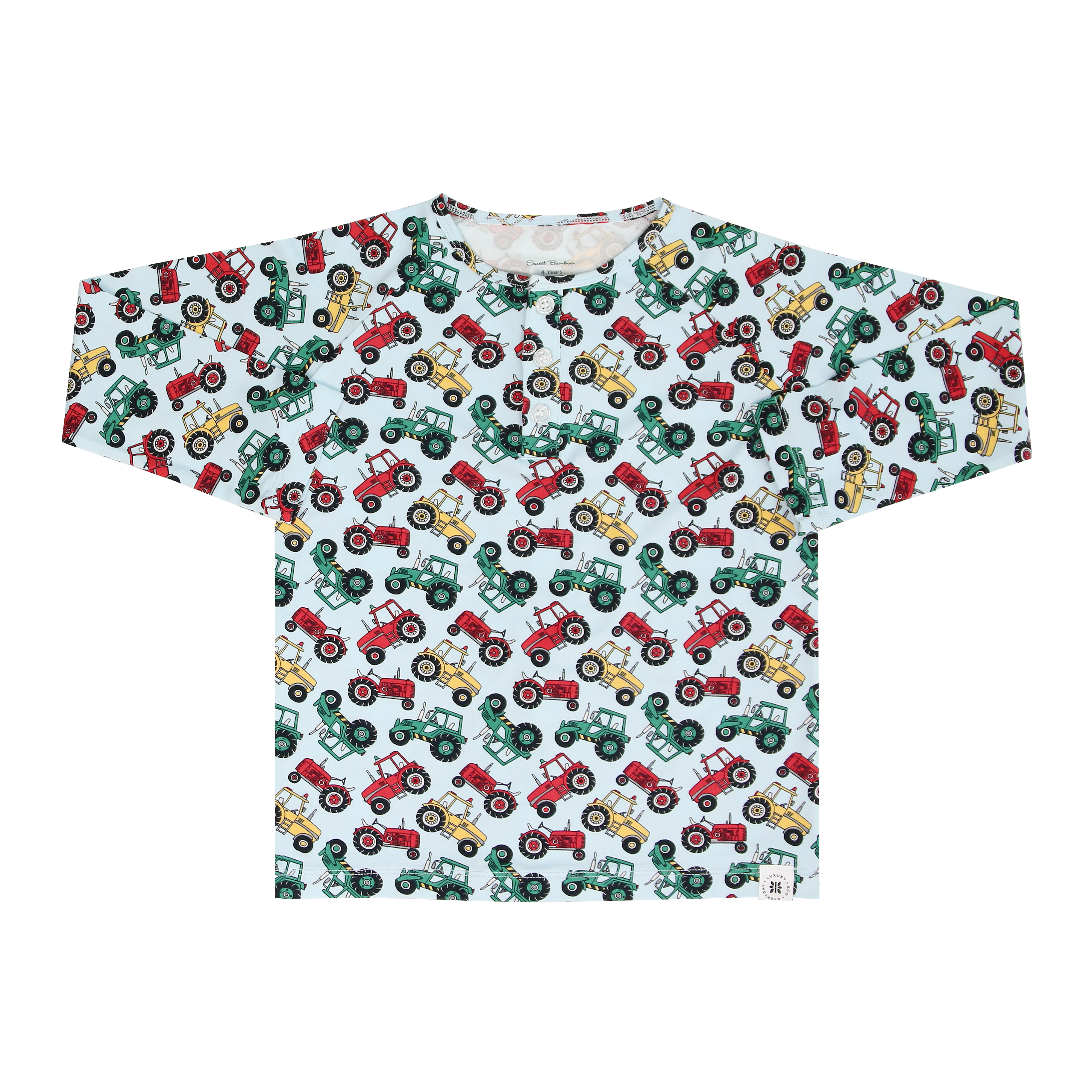 T-shirt with colorful tractor pattern on a white background