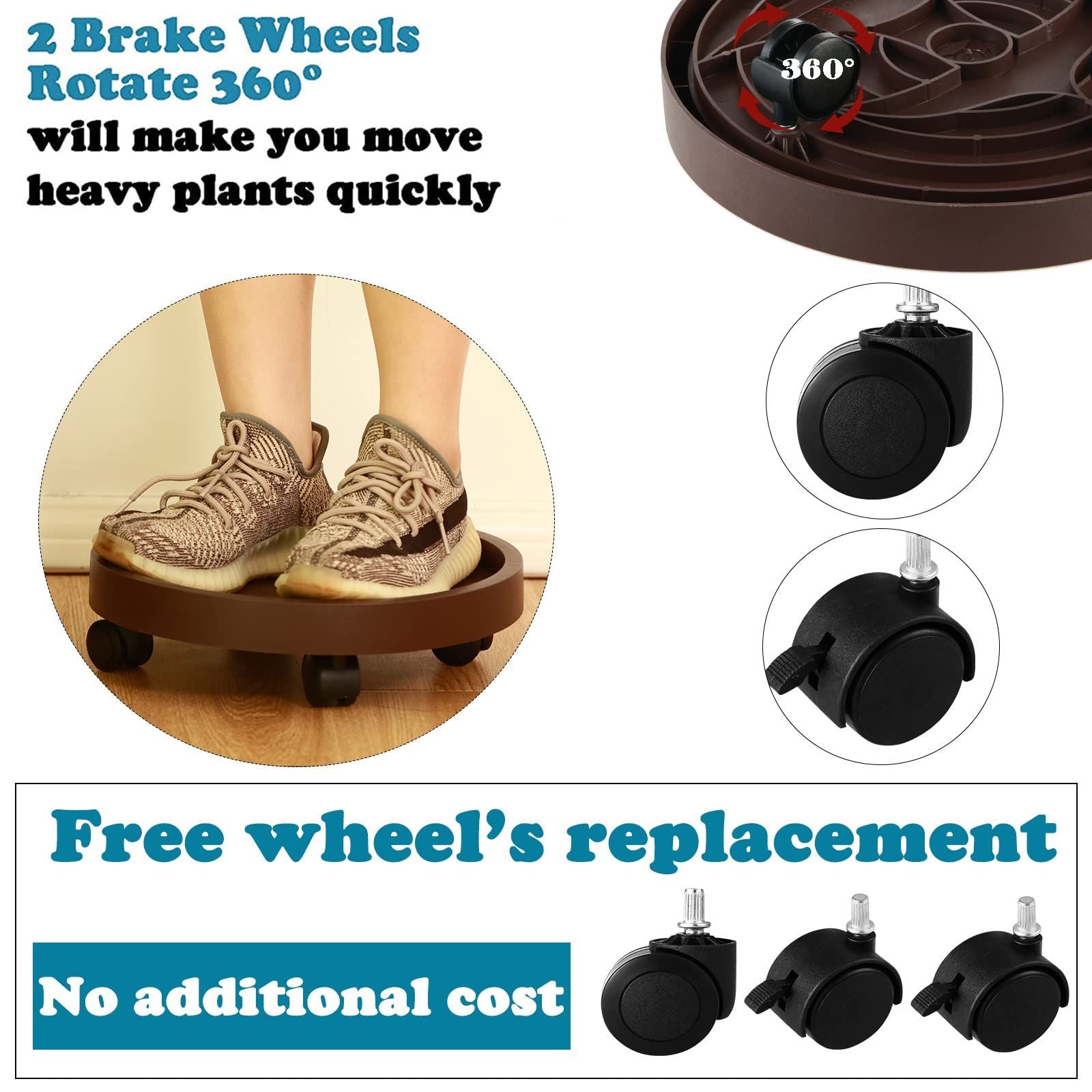 8 Pack Plant Caddy with Wheels – Heavy Duty 12.2" Rolling Plant Stand with Locking Casters | Brown