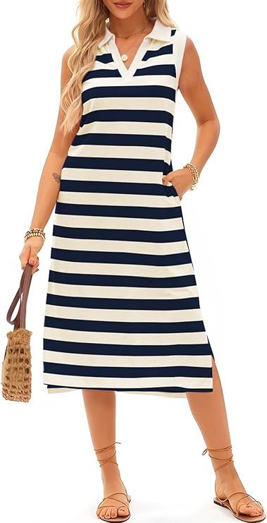 Blue Striped V-Neck Summer Midi Dress with Pockets – Casual Loose Fit Sleeveless Sundress for Women