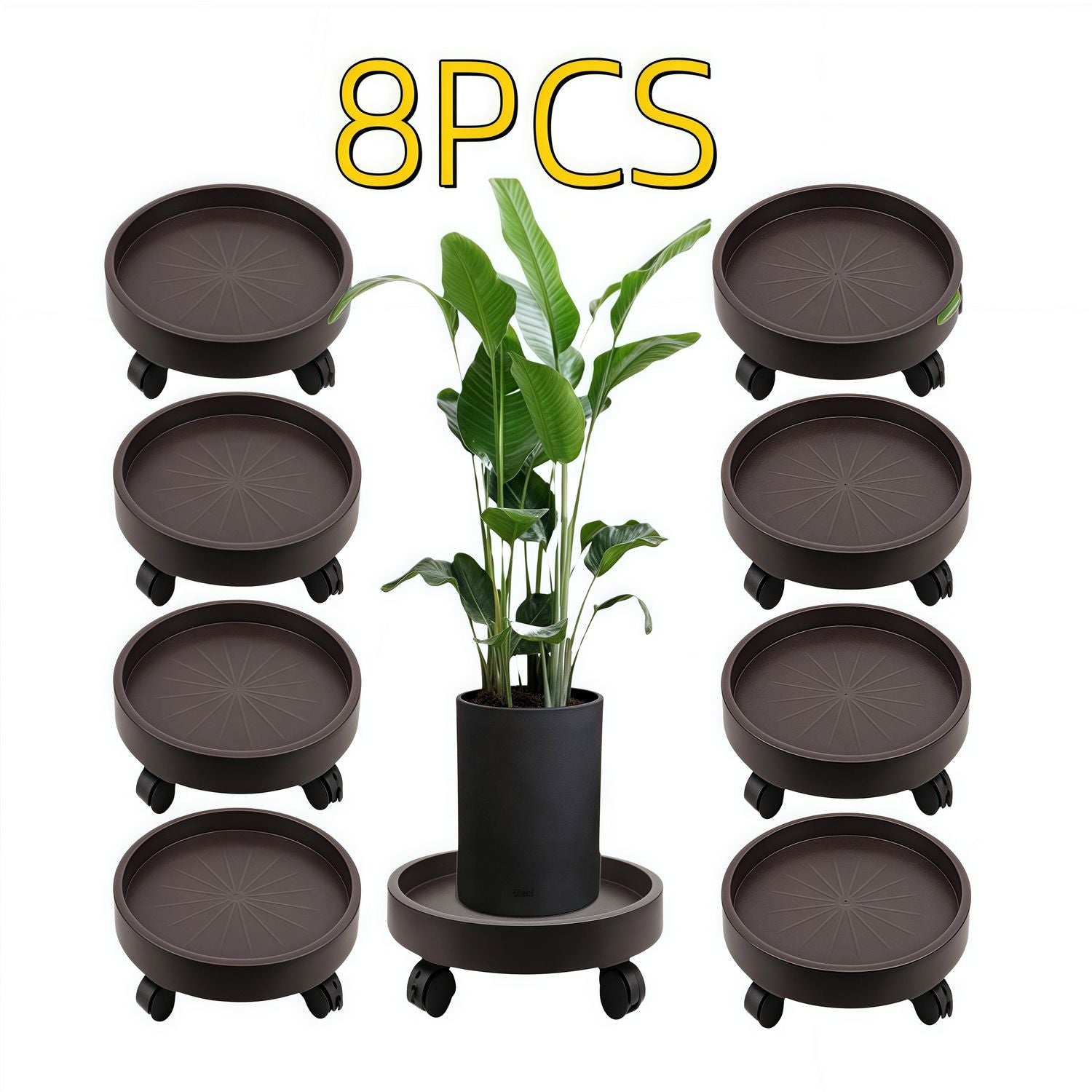 8 Pack Plant Caddy with Wheels – Heavy Duty 12.2" Rolling Plant Stand with Locking Casters | Brown