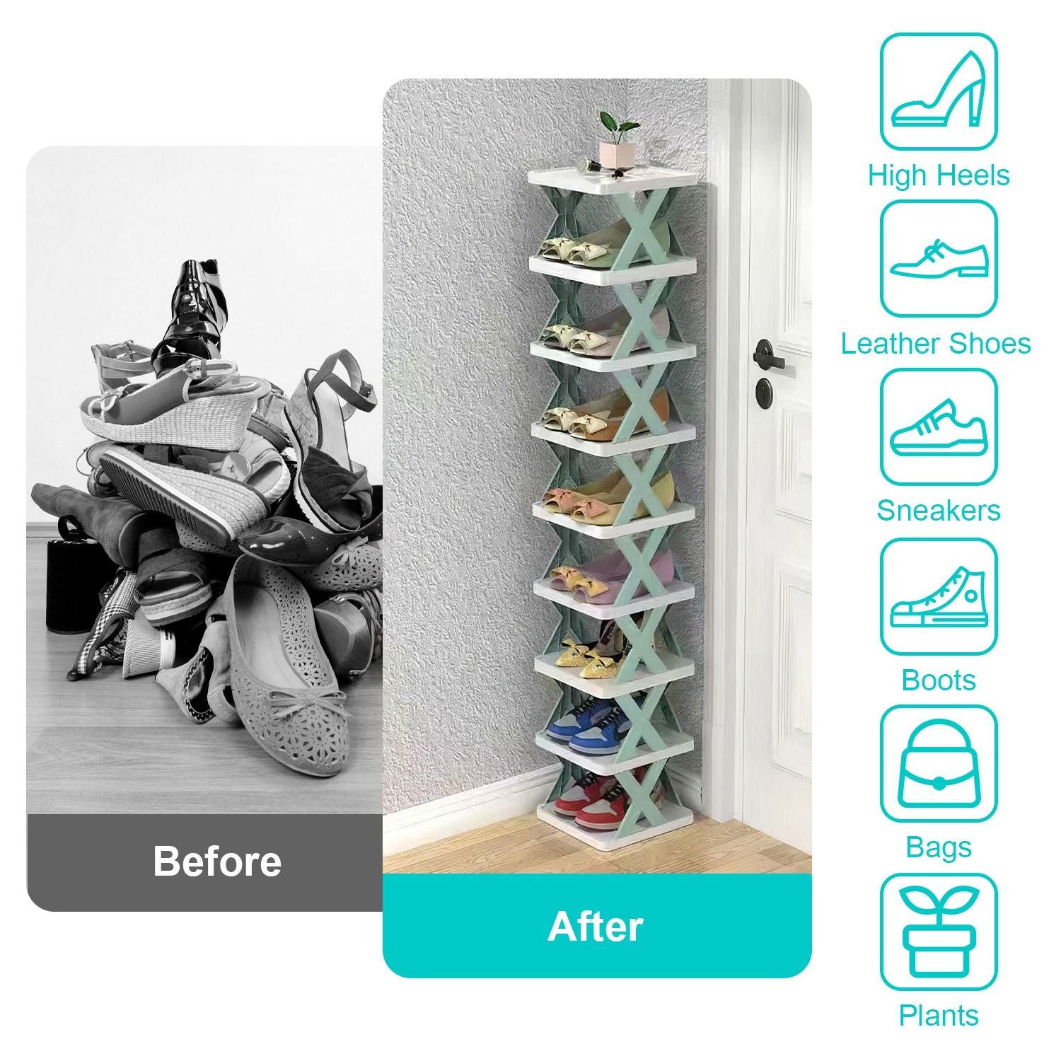9-Tier Narrow Shoe Rack – Vertical Plastic Shoe Organizer, Space-Saving, Free Standing