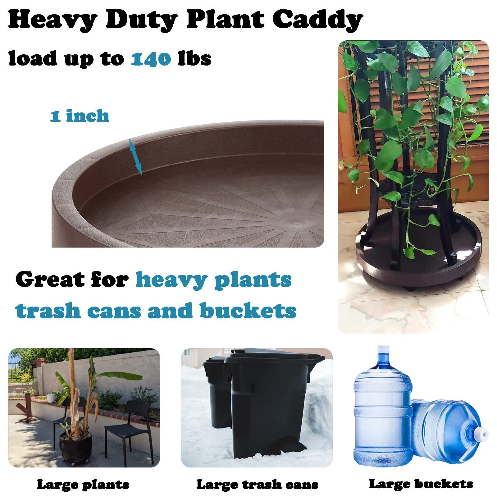 8 Pack Plant Caddy with Wheels – Heavy Duty 12.2" Rolling Plant Stand with Locking Casters | Brown