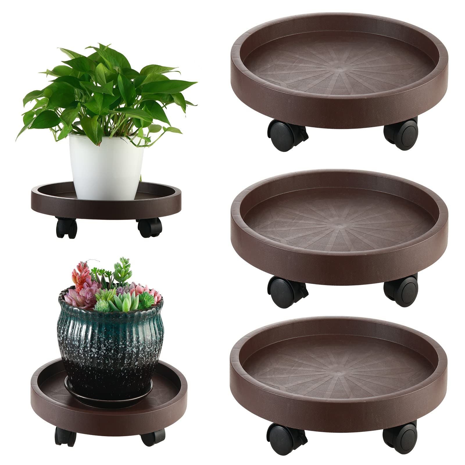 8 Pack Plant Caddy with Wheels – Heavy Duty 12.2" Rolling Plant Stand with Locking Casters | Brown