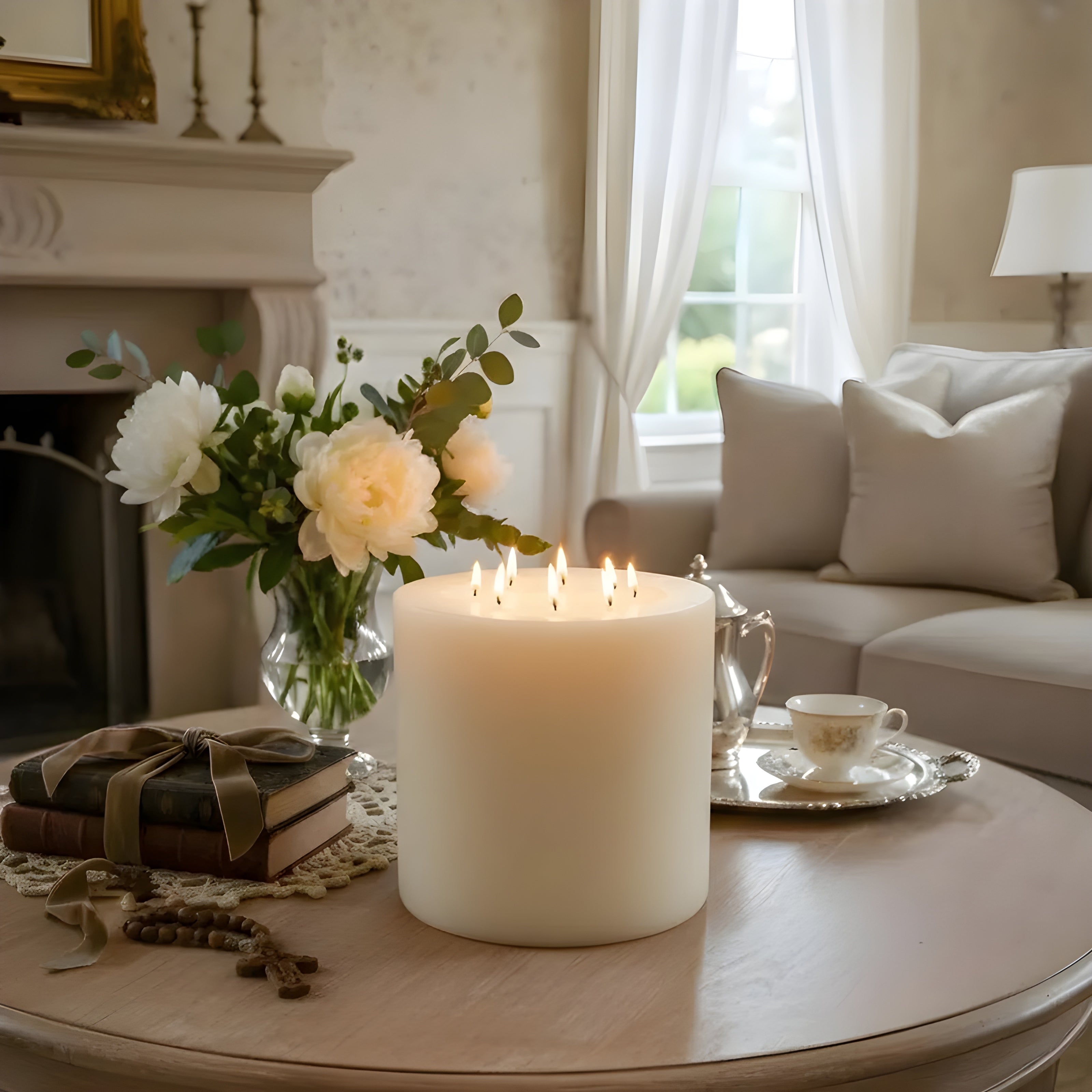 Candle on a coffee table with flowers and a cup in a cozy living room.