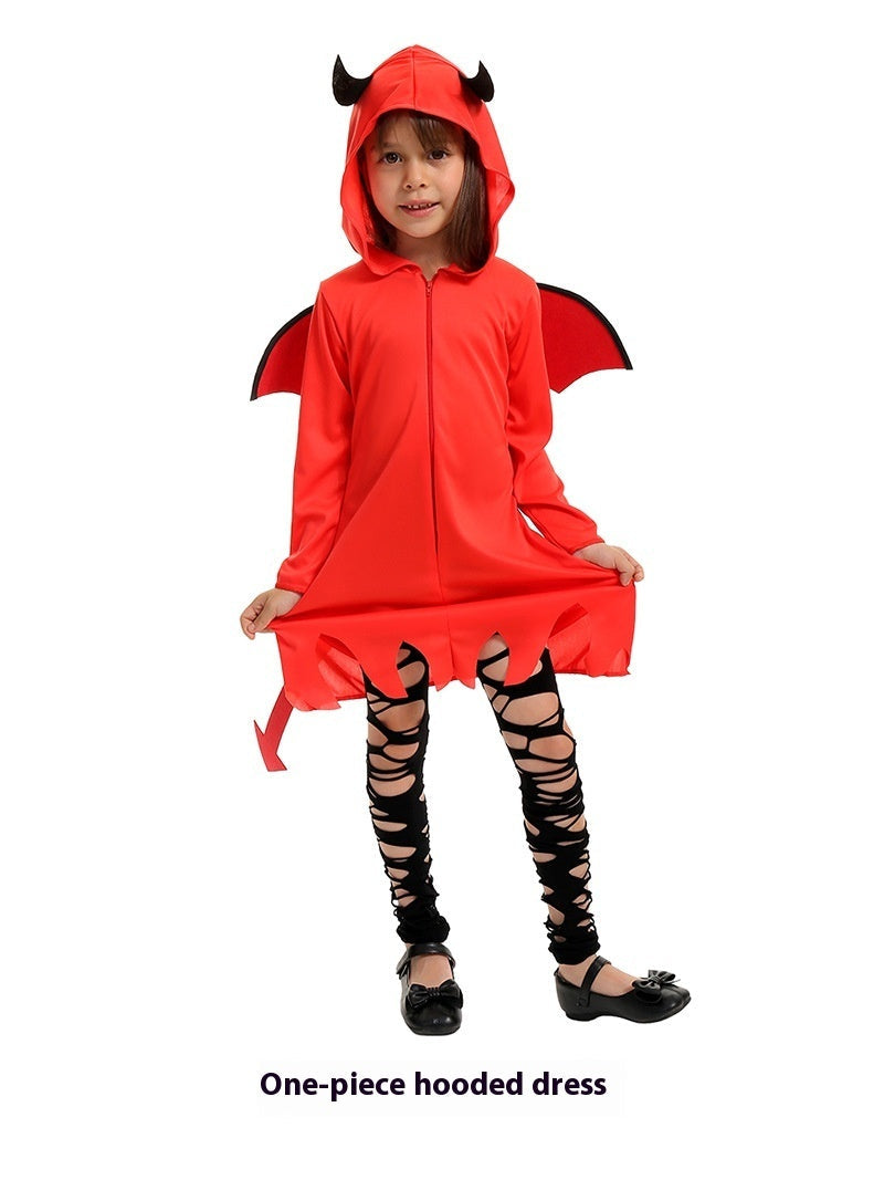 Child wearing a red one-piece hooded dress with black accents on a white background