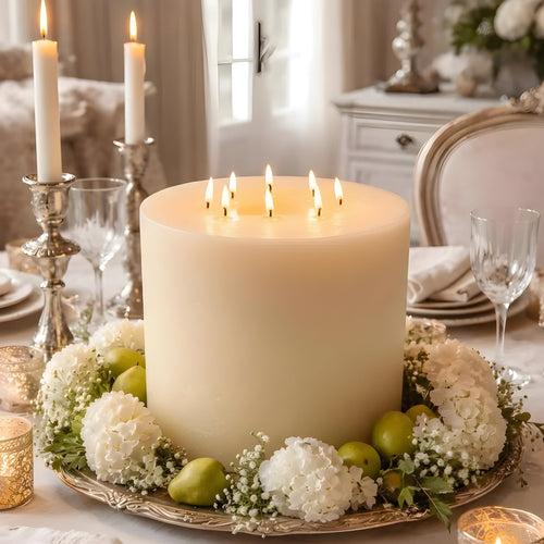 Large candle with smaller candles on a table setting with flowers and green apples.