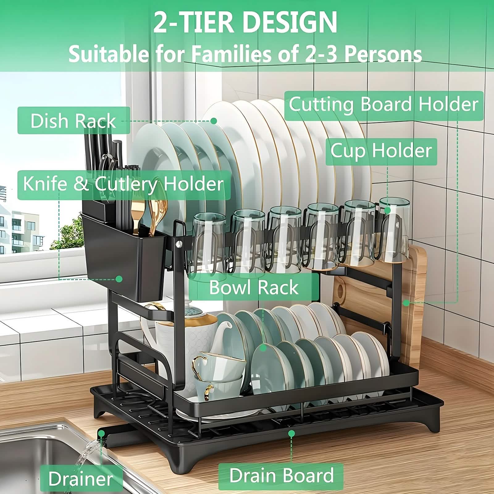 Black Metal Dish Rack | Rust-Resistant | Cup Hooks & Drainage Tray | 2-Layer & 3-Layer