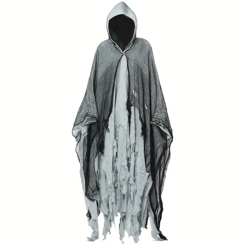 Ghostly gray and white hooded cloak with tattered edges on a white background