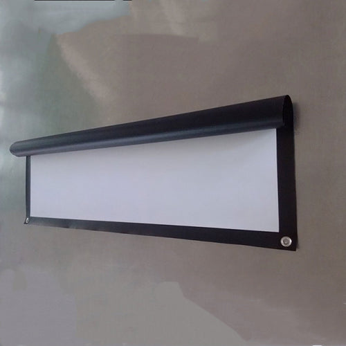 Roll-up white screen with black frame on a textured wall