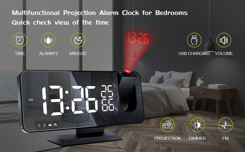 Mirror Projection Alarm Clock | Ceiling & Wall Display | Temperature | Silent