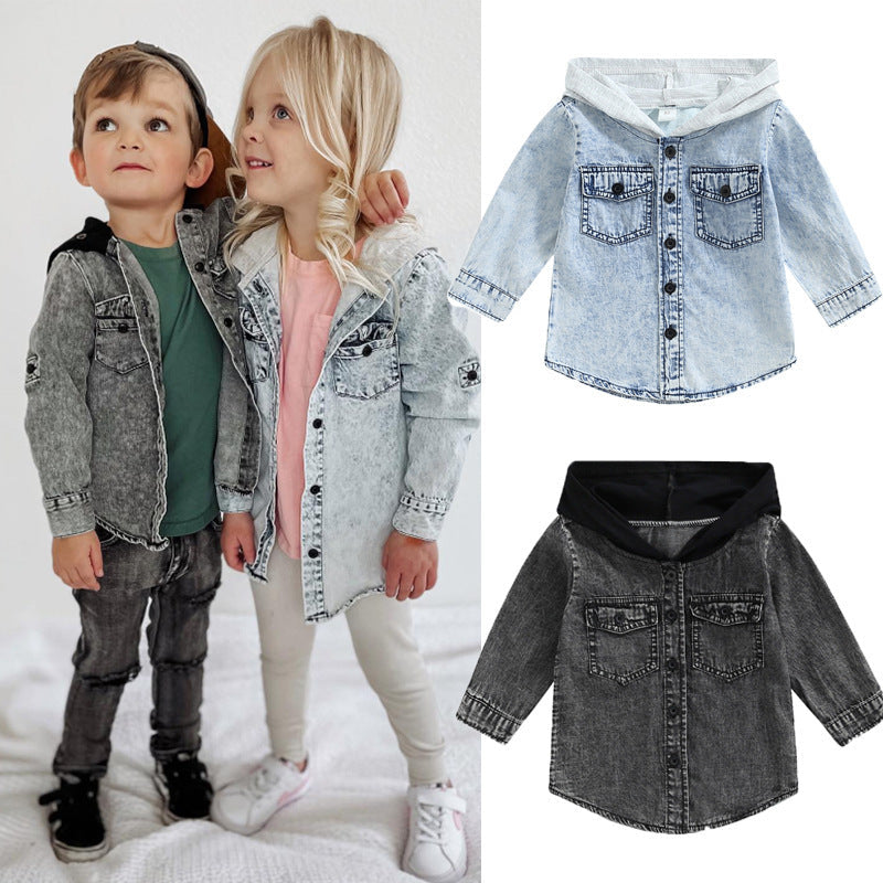 Children's hooded denim jacket shown in three colorways: light blue wash, dark gray wash, and black wash. On the left, a young boy and girl model the light blue version, while the right side shows the dark gray and black versions on a plain white background.