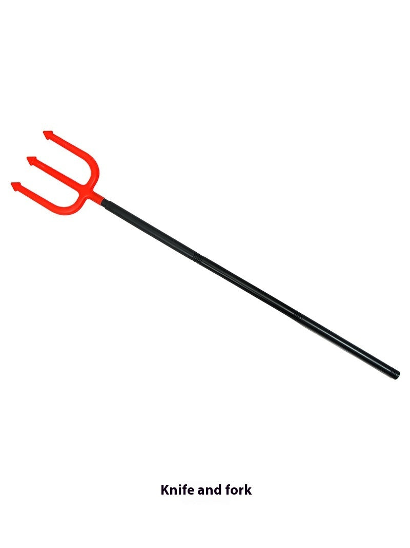 Red pitchfork with a black handle on a white background
