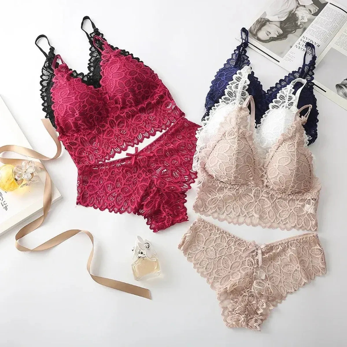 Floral Lace Wireless Bra & Brief Set – Wire-Free Embroidered Lingerie