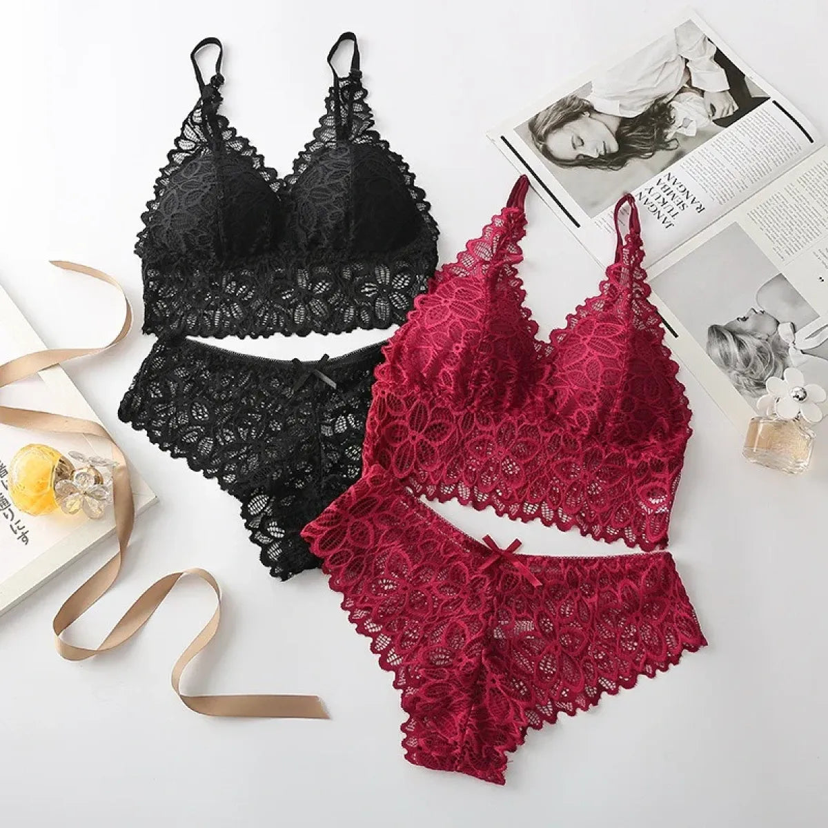 Floral Lace Wireless Bra & Brief Set – Wire-Free Embroidered Lingerie