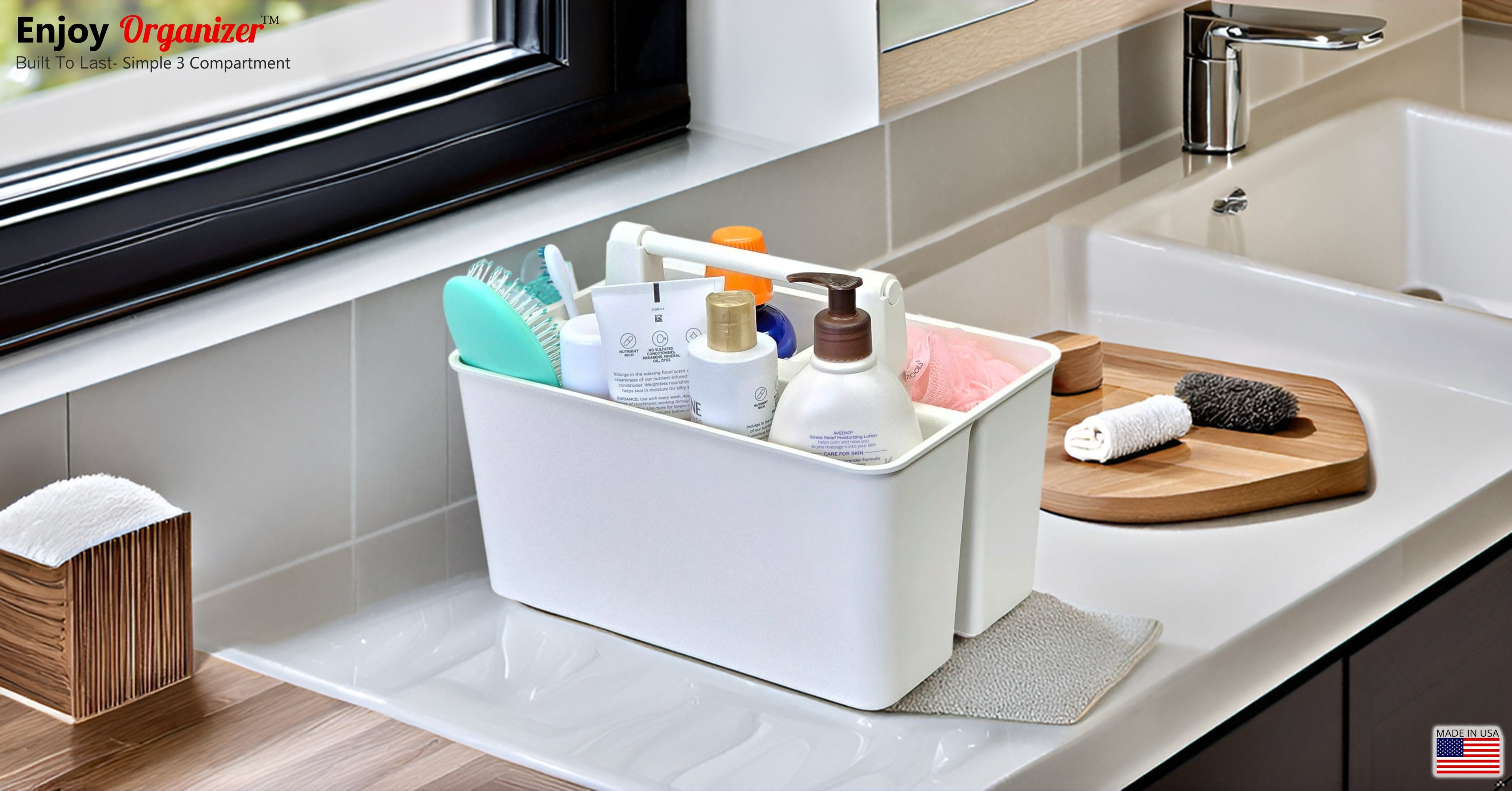 Enjoy Organizer Shower Caddy with Handle – 3 Compartments, Portable Storage Bin, Made in USA