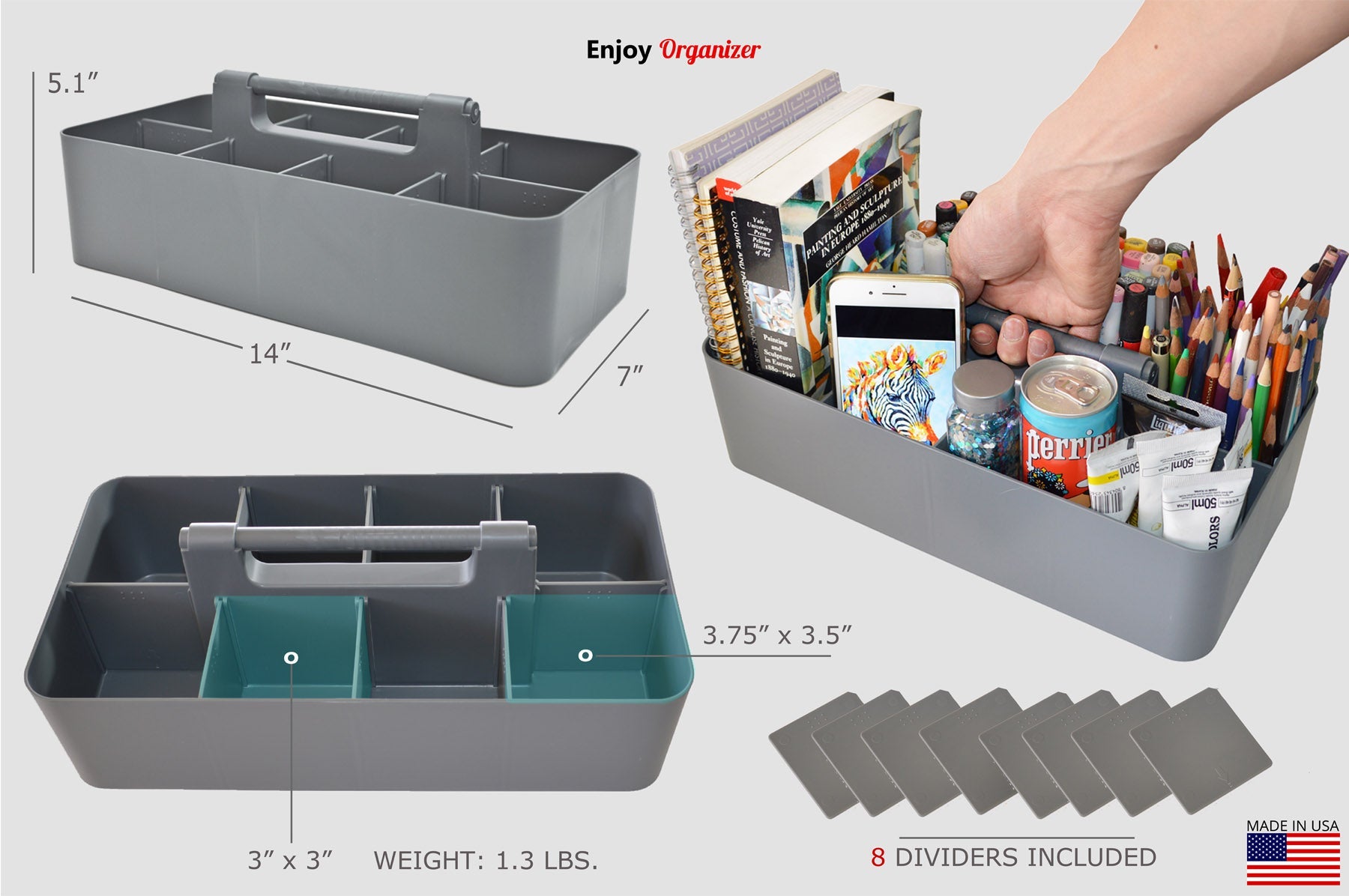 Enjoy Organizer 3-Pack Mix – Portable Caddy with 8 Compartments & DIY Dividers, Made in USA