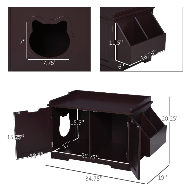 Wooden Cat Litter Box Enclosure with Nightstand & Side Storage Rack