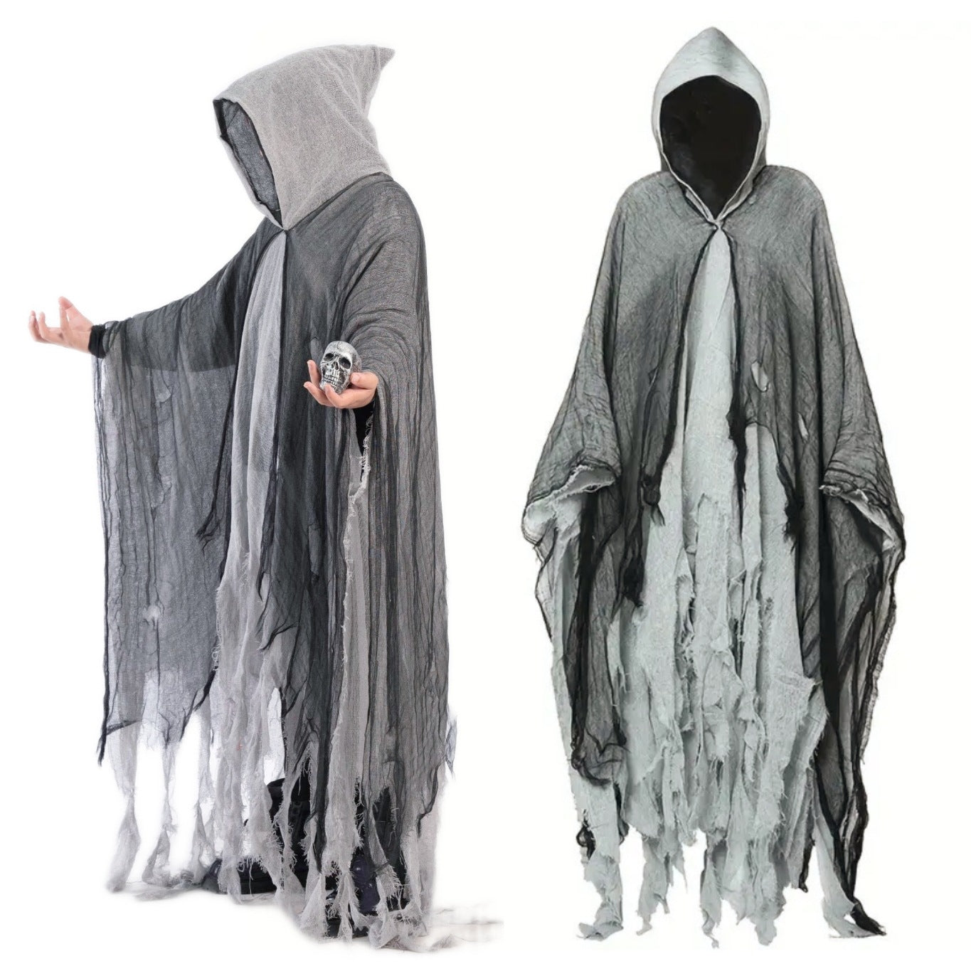 Two hooded cloaks with tattered edges on a white background