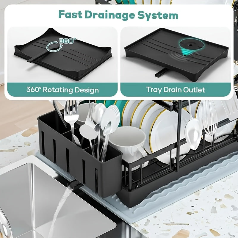 Black Metal Dish Rack | Rust-Resistant | Cup Hooks & Drainage Tray | 2-Layer & 3-Layer