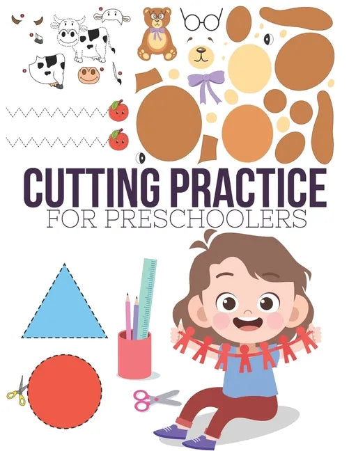 Book cover of 'Cutting Practice for Preschoolers' with illustrations of shapes and a child.