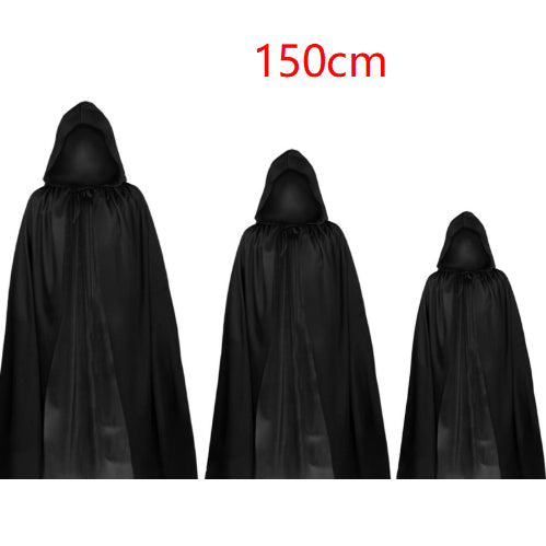 Three black hooded cloaks of different sizes with a red '150cm' label on a white background.