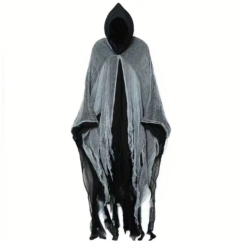 A hooded, tattered costume cape or poncho in black and gray, displayed on a ghost mannequin against a plain white background.