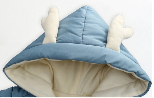 Blue hooded garment with white antlers on a white background