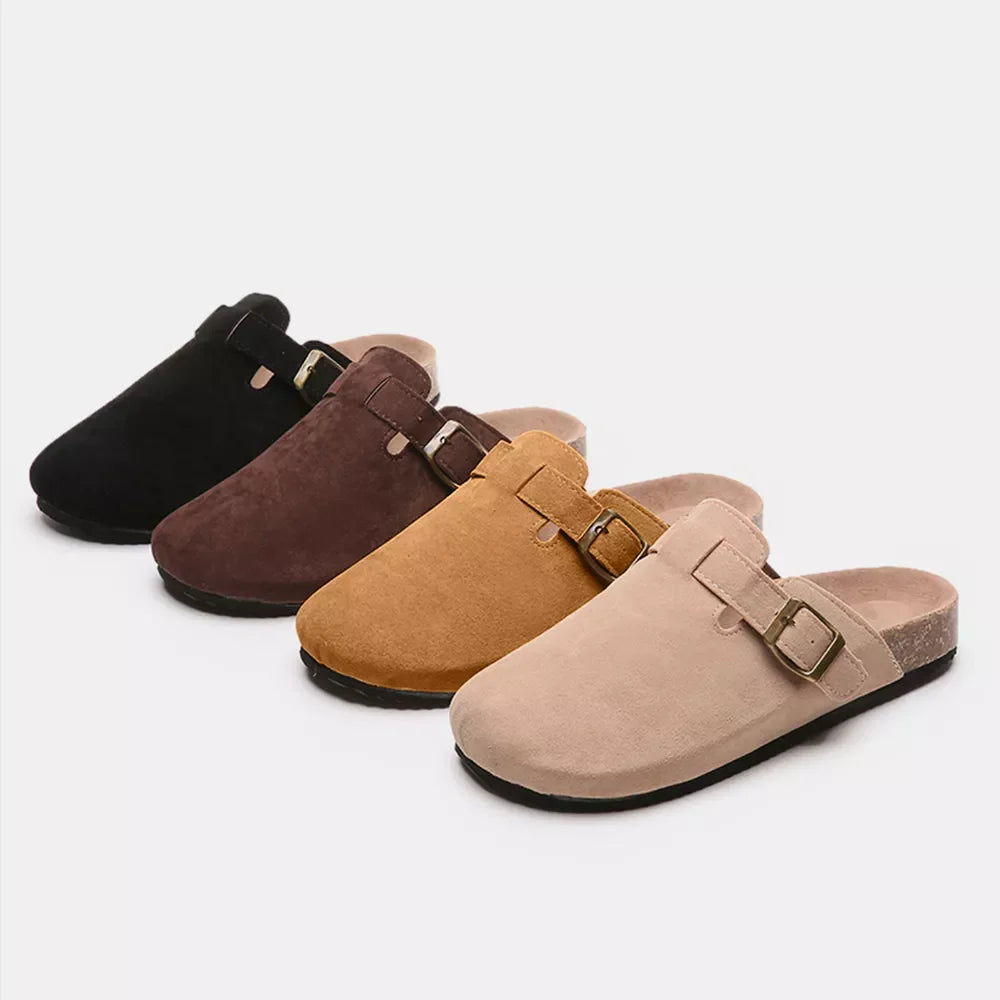 Suede Closed-Toe Buckle Slide – Faux Suede Flat Sandal