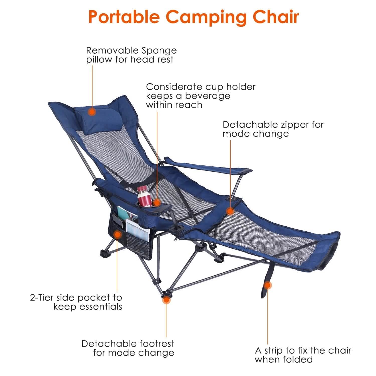 Foldable Camping Chair — Heavy Duty 330 lb Capacity, Reclining Backrest, 600D Oxford | Carry Bag Included