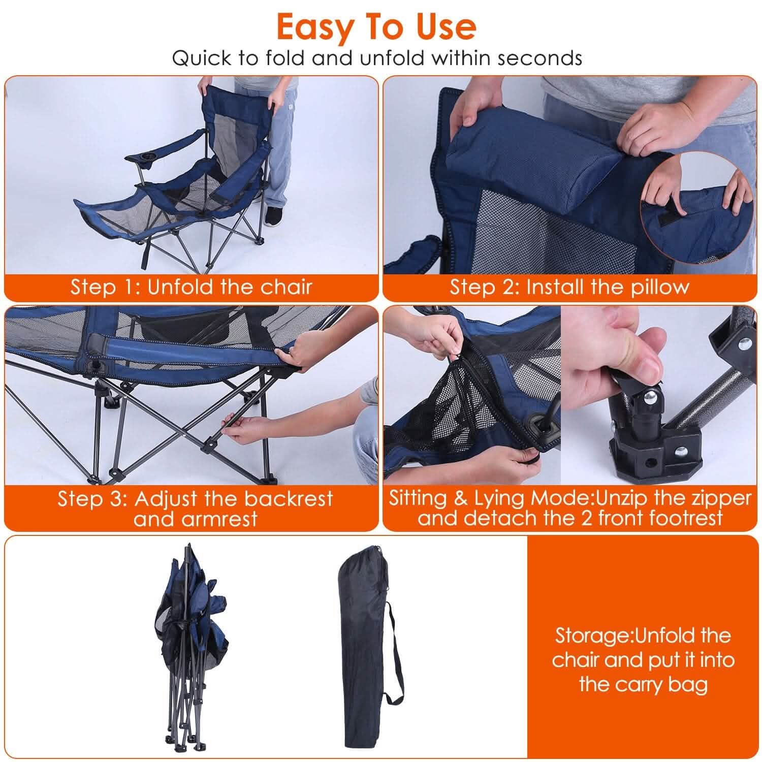 Foldable Camping Chair — Heavy Duty 330 lb Capacity, Reclining Backrest, 600D Oxford | Carry Bag Included