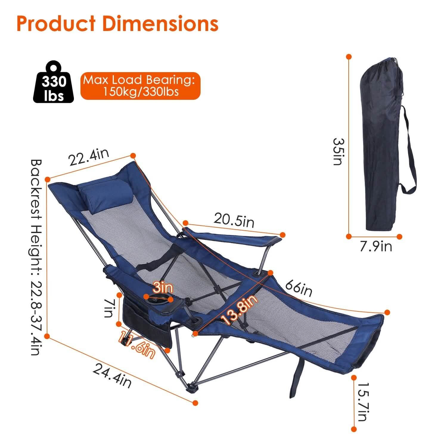 Foldable Camping Chair — Heavy Duty 330 lb Capacity, Reclining Backrest, 600D Oxford | Carry Bag Included